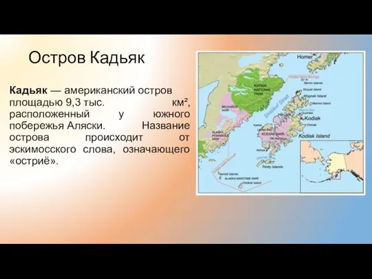 Остров Кадьяк Кадьяк — американский остров площадью 9,3 тыс. км², расположенный у