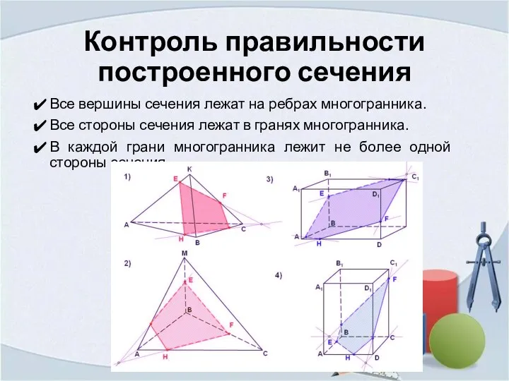 Контроль правильности построенного сечения Все вершины сечения лежат на ребрах многогранника. Все