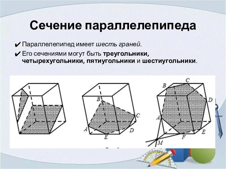 Сечение параллелепипеда Параллелепипед имеет шесть граней. Его сечениями могут быть треугольники, четырехугольники, пятиугольники и шестиугольники.