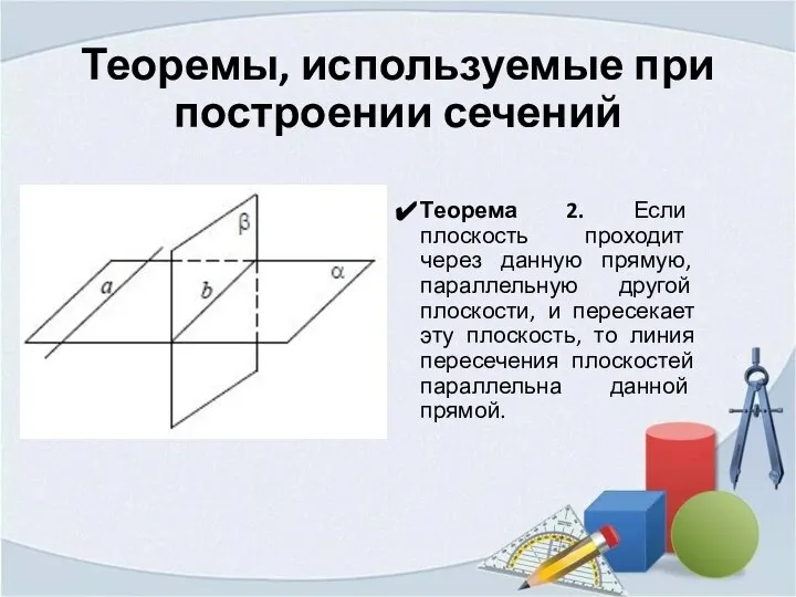 Теоремы, используемые при построении сечений Теорема 2. Если плоскость проходит через данную