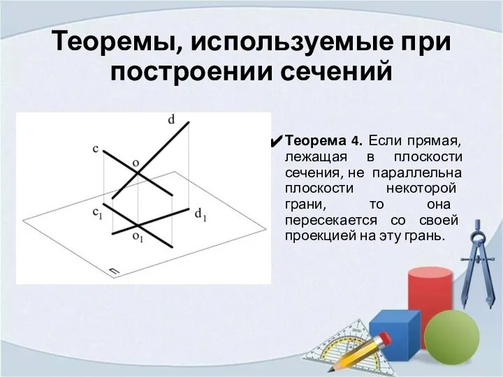 Теоремы, используемые при построении сечений Теорема 4. Если прямая, лежащая в плоскости