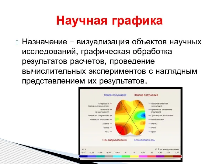 Назначение – визуализация объектов научных исследований, графическая обработка результатов расчетов, проведение вычислительных