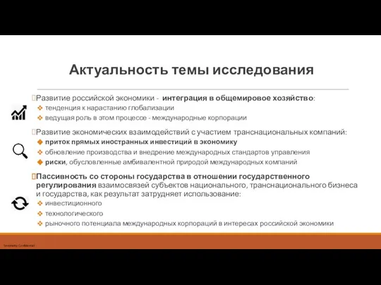 Актуальность темы исследования Развитие российской экономики - интеграция в общемировое хозяйство: тенденция