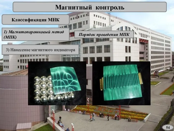 Магнитный контроль Классификация МНК 1) Магнитопорошковый метод (МПК) Порядок проведения МПК 3) Нанесение магнитного индикатора 54