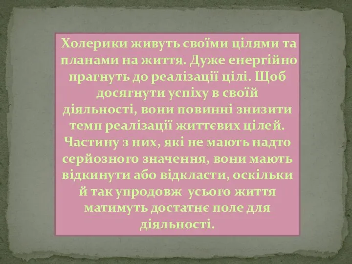 Холерики живуть своїми цілями та планами на життя. Дуже енергійно прагнуть до