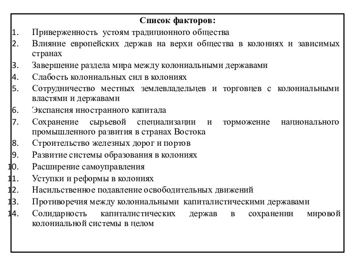 Список факторов: Приверженность устоям традиционного общества Влияние европейских держав на верхи общества