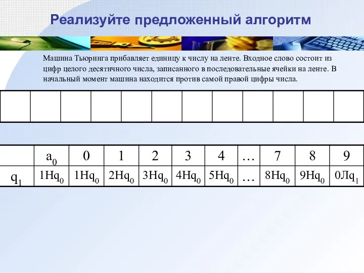 Реализуйте предложенный алгоритм Машина Тьюринга прибавляет единицу к числу на ленте. Входное