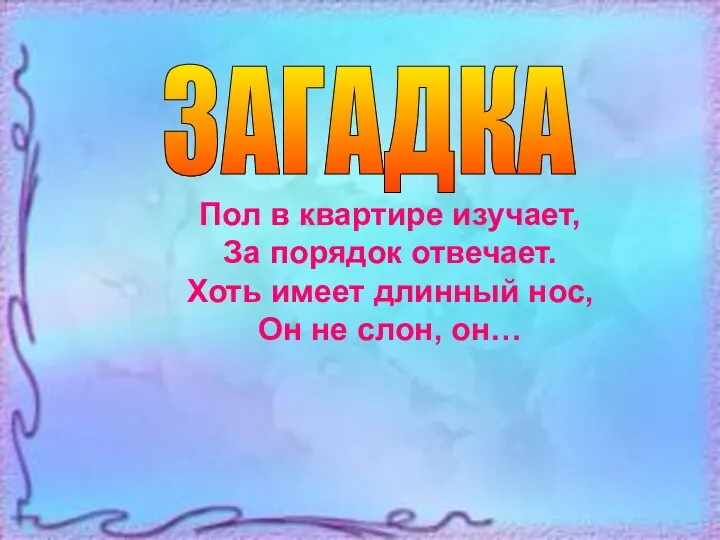 Пол в квартире изучает, За порядок отвечает. Хоть имеет длинный нос, Он