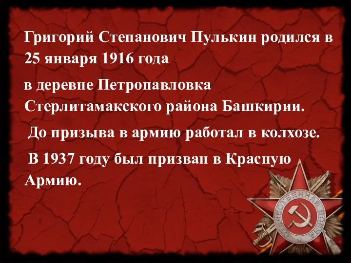 Григорий Степанович Пулькин родился в 25 января 1916 года в деревне Петропавловка