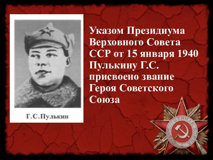 Указом Президиума Верховного Совета ССР от 15 января 1940 Пулькину Г.С. присвоено звание Героя Советского Союза