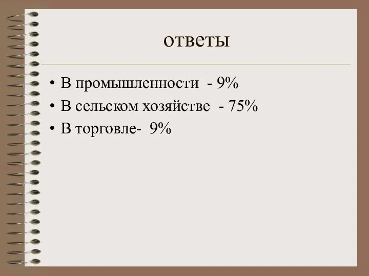 ответы В промышленности - 9% В сельском хозяйстве - 75% В торговле- 9%