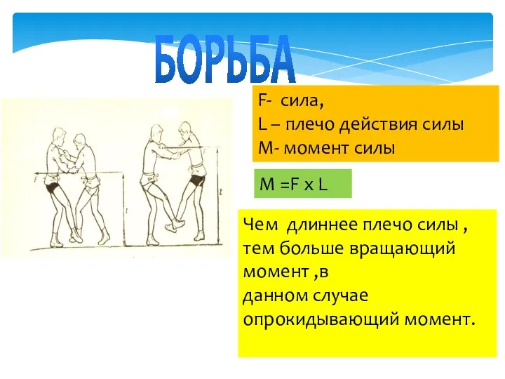 БОРЬБА F- сила, L – плечо действия силы М- момент силы М