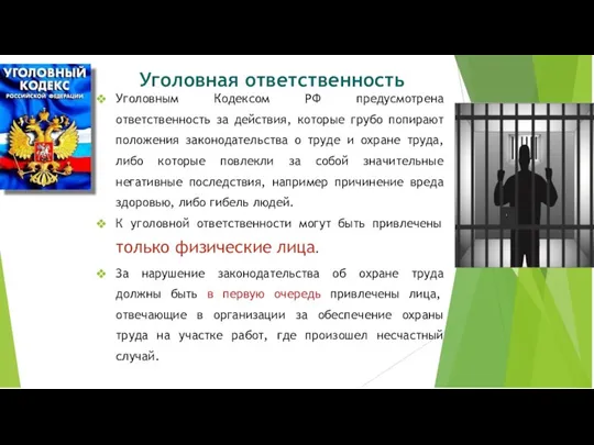 Уголовная ответственность Уголовным Кодексом РФ предусмотрена ответственность за действия, которые грубо попирают