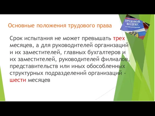 Основные положения трудового права Срок испытания не может превышать трех месяцев, а