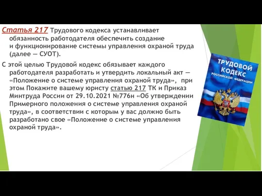 Статья 217 Трудового кодекса устанавливает обязанность работодателя обеспечить создание и функционирование системы