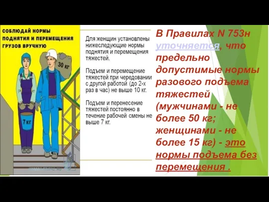 В Правилах N 753н уточняется, что предельно допустимые нормы разового подъема тяжестей