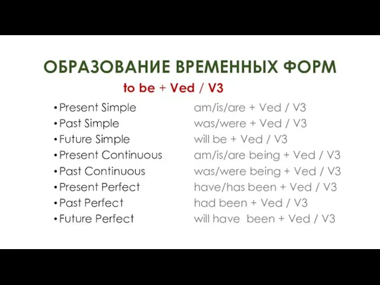 ОБРАЗОВАНИЕ ВРЕМЕННЫХ ФОРМ Present Simple Past Simple Future Simple Present Continuous Past