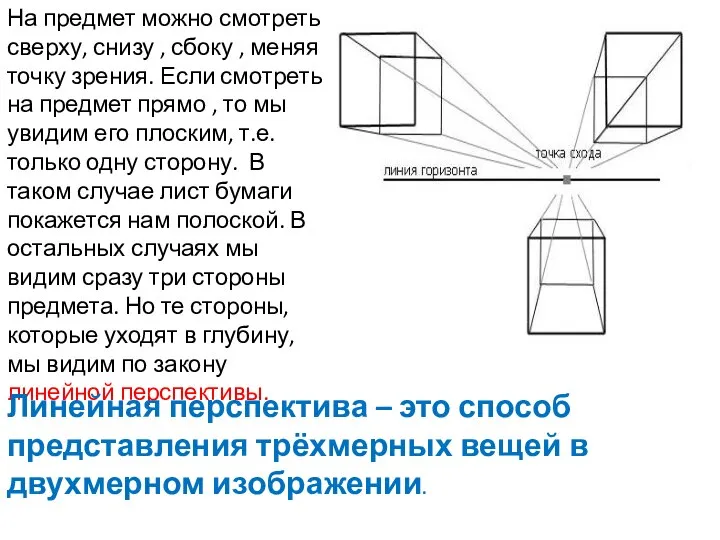 На предмет можно смотреть сверху, снизу , сбоку , меняя точку зрения.