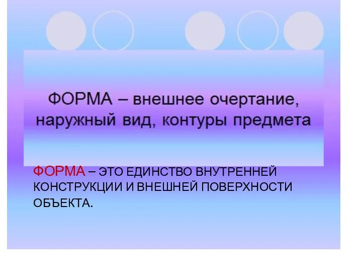 ФОРМА – ЭТО ЕДИНСТВО ВНУТРЕННЕЙ КОНСТРУКЦИИ И ВНЕШНЕЙ ПОВЕРХНОСТИ ОБЪЕКТА.