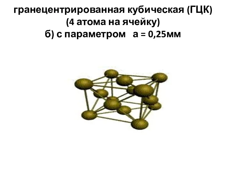 гранецентрированная кубическая (ГЦК) (4 атома на ячейку) б) с параметром а = 0,25мм