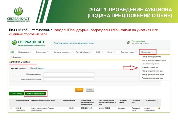 ЭТАП 3. ПРОВЕДЕНИЕ АУКЦИОНА (ПОДАЧА ПРЕДЛОЖЕНИЙ О ЦЕНЕ) Личный кабинет Участника: раздел