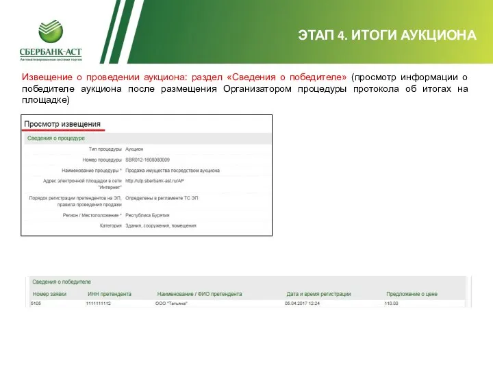 ЭТАП 4. ИТОГИ АУКЦИОНА Извещение о проведении аукциона: раздел «Сведения о победителе»