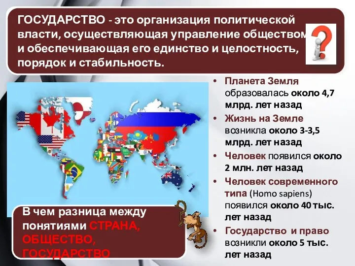 Дайте определение понятию ГОСУДАРСТВО. ГОСУДАРСТВО - это организация политической власти, осуществляющая управление