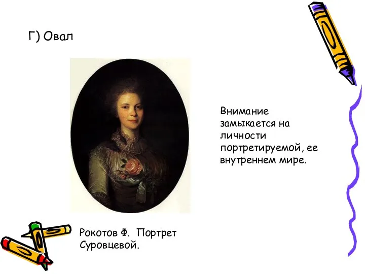 Г) Овал Рокотов Ф. Портрет Суровцевой. Внимание замыкается на личности портретируемой, ее внутреннем мире.