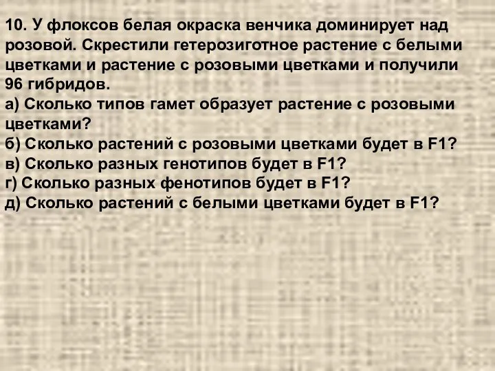 10. У флоксов белая окраска венчика доминирует над розовой. Скрестили гетерозиготное растение