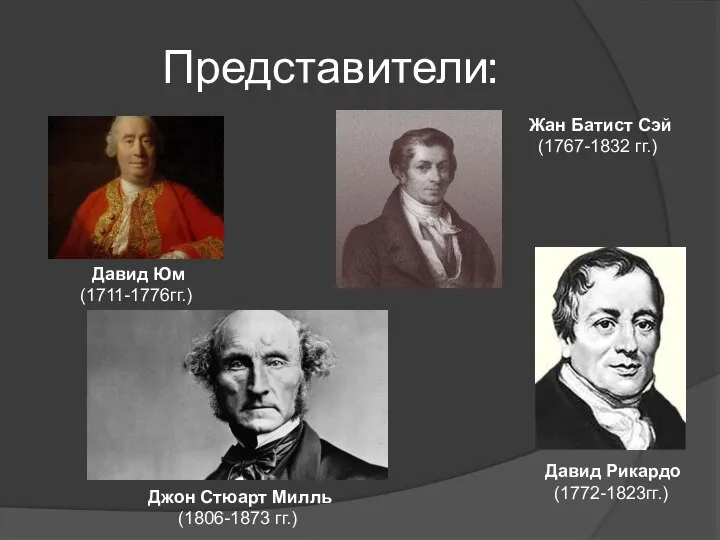 Представители: Давид Юм (1711-1776гг.) Давид Рикардо (1772-1823гг.) Джон Стюарт Милль (1806-1873 гг.)