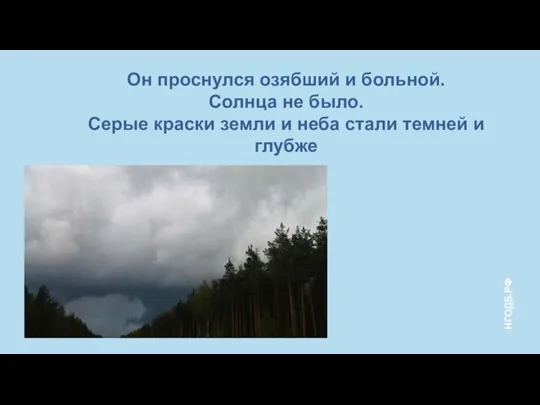 Он проснулся озябший и больной. Солнца не было. Серые краски земли и