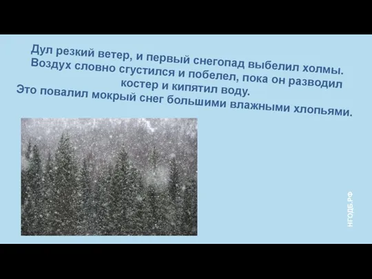 Дул резкий ветер, и первый снегопад выбелил холмы. Воздух словно сгустился и