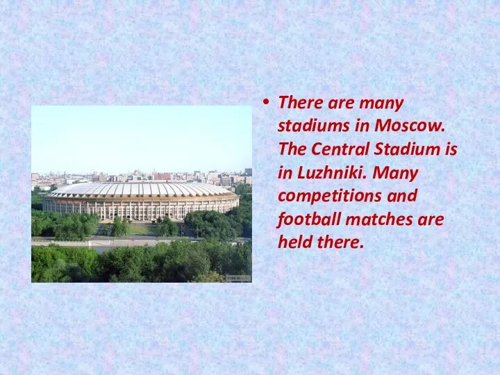 There are many stadiums in Moscow. The Central Stadium is in Luzhniki.