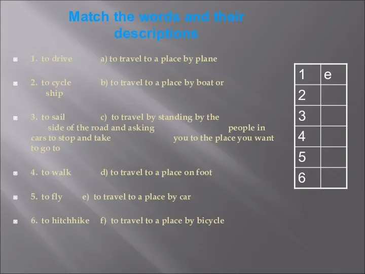 1. to drive a) to travel to a place by plane 2.