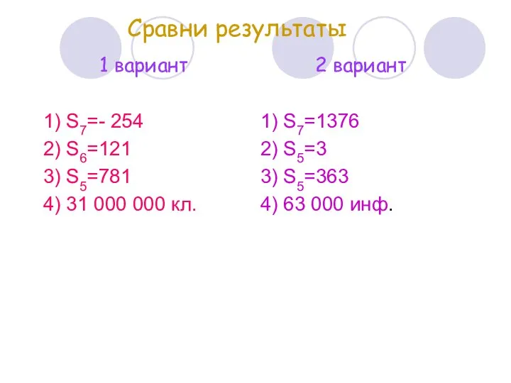 Сравни результаты 1 вариант 1) S7=- 254 2) S6=121 3) S5=781 4)