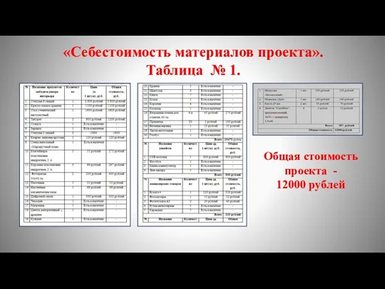 «Себестоимость материалов проекта». Таблица № 1. Общая стоимость проекта - 12000 рублей