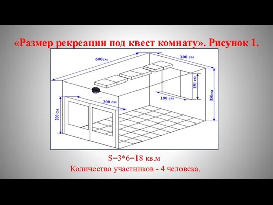 «Размер рекреации под квест комнату». Рисунок 1. S=3*6=18 кв.м Количество участников - 4 человека.