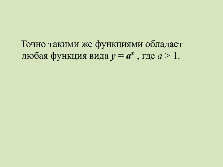 Точно такими же функциями обладает любая функция вида у = ах , где а > 1.