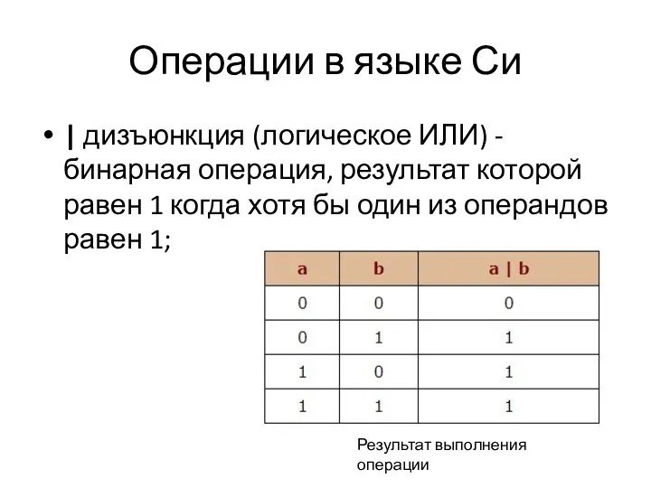 Операции в языке Си | дизъюнкция (логическое ИЛИ) - бинарная операция, результат