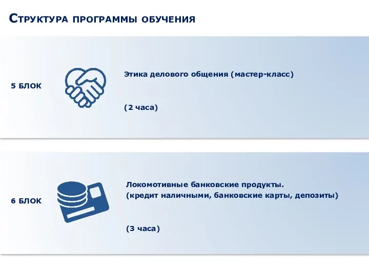 Структура программы обучения Этика делового общения (мастер-класс) (2 часа) Локомотивные банковские продукты.