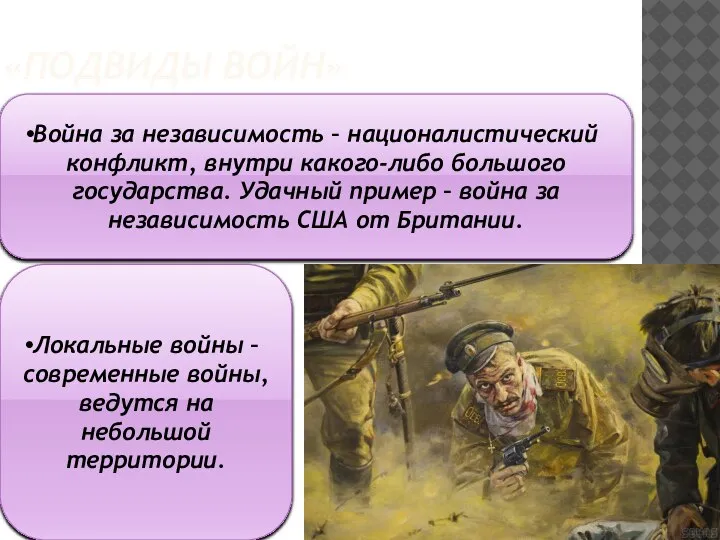 «ПОДВИДЫ ВОЙН» Война за независимость – националистический конфликт, внутри какого-либо большого государства.