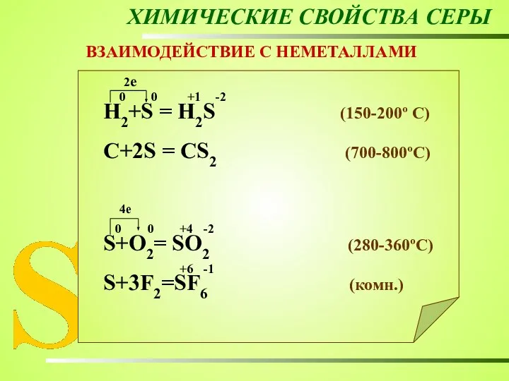 ХИМИЧЕСКИЕ СВОЙСТВА СЕРЫ ВЗАИМОДЕЙСТВИЕ С НЕМЕТАЛЛАМИ Н2+S = Н2S (150-200º C) C+2S