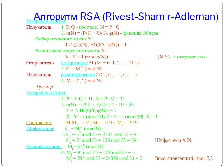 Алгоритм RSA (Rivest-Shamir-Adleman) * Генерация ключей Получатель 1. P, Q - простые,