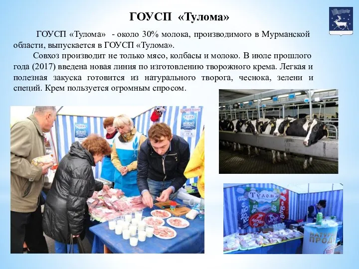 ГОУСП «Тулома» ГОУСП «Тулома» - около 30% молока, производимого в Мурманской области,