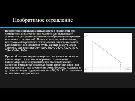 Необратимое отравление Необратимое отравление катализаторов происходит при химическом взаимодействии молекул или ионов