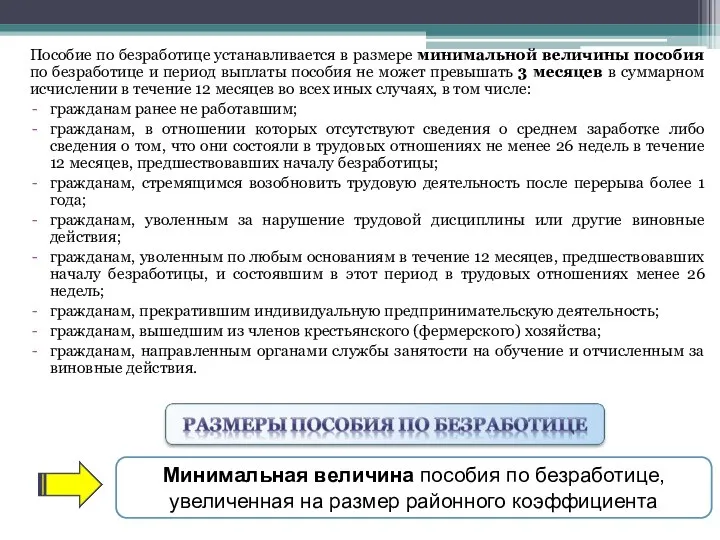 Пособие по безработице устанавливается в размере минимальной величины пособия по безработице и