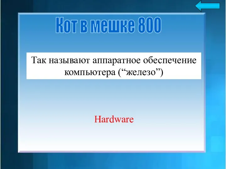 Так называют аппаратное обеспечение компьютера (“железо”) Hardware Кот в мешке 800