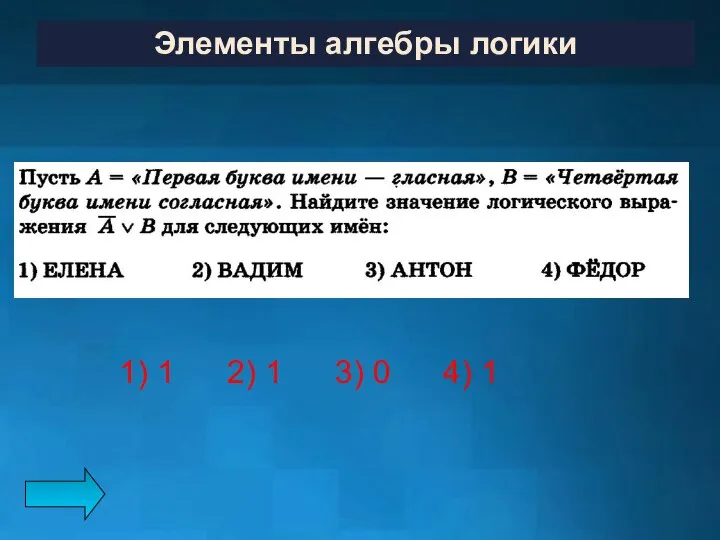 1) 1 2) 1 3) 0 4) 1 Элементы алгебры логики