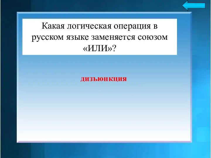 Какая логическая операция в русском языке заменяется союзом «ИЛИ»? дизъюнкция