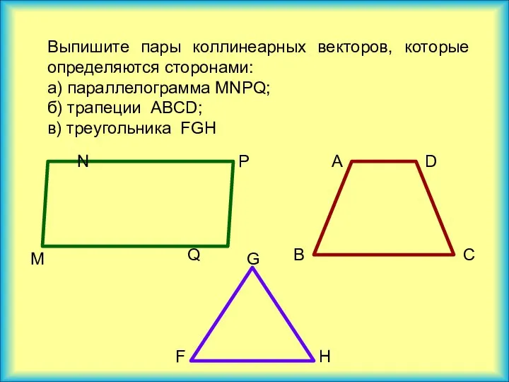 Выпишите пары коллинеарных векторов, которые определяются сторонами: а) параллелограмма MNPQ; б) трапеции